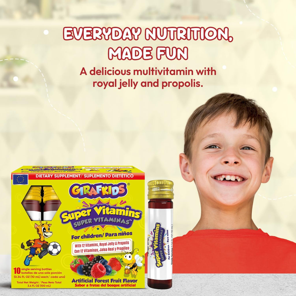 GirafKids Super Vitamins - Multivitamínico infantil con jalea real y propóleo - 10 viales sabor frutas del bosque