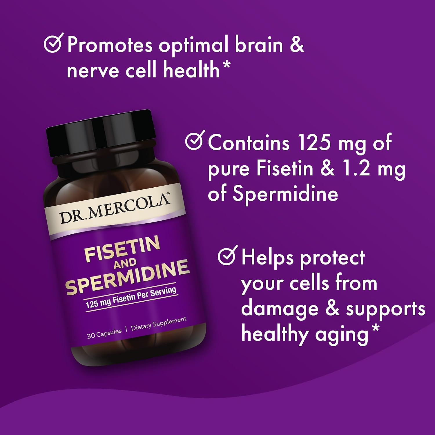 Dr. Mercola Fisetina y Espermidina, 30 Cápsulas, 125 mg de Fisetina, No-OGM, Sin Gluten, Sin Soja