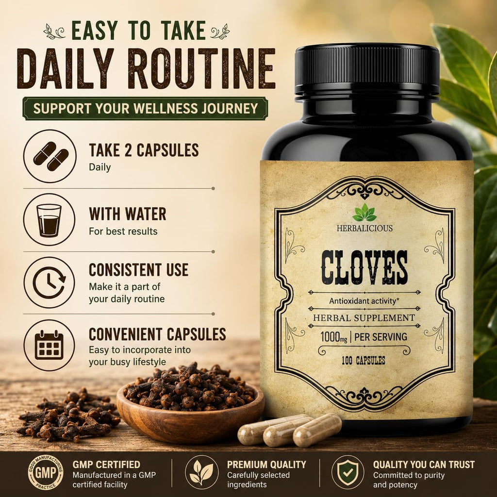 Cápsulas de Clavo - Suplemento Natural - Rico en Vitaminas, Minerales, Manganeso, Fibra - Puede Ayudar a la Digestión y Fortalecer los Huesos - 100 Cápsulas