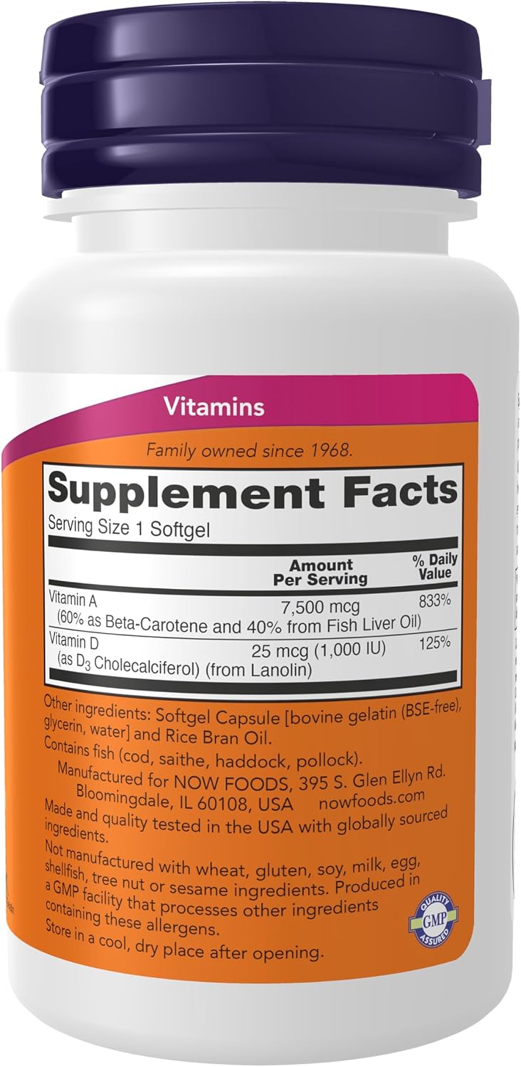 NOW Foods Vitamin A & D3 25,000/1,000 IU, 100 Softgels