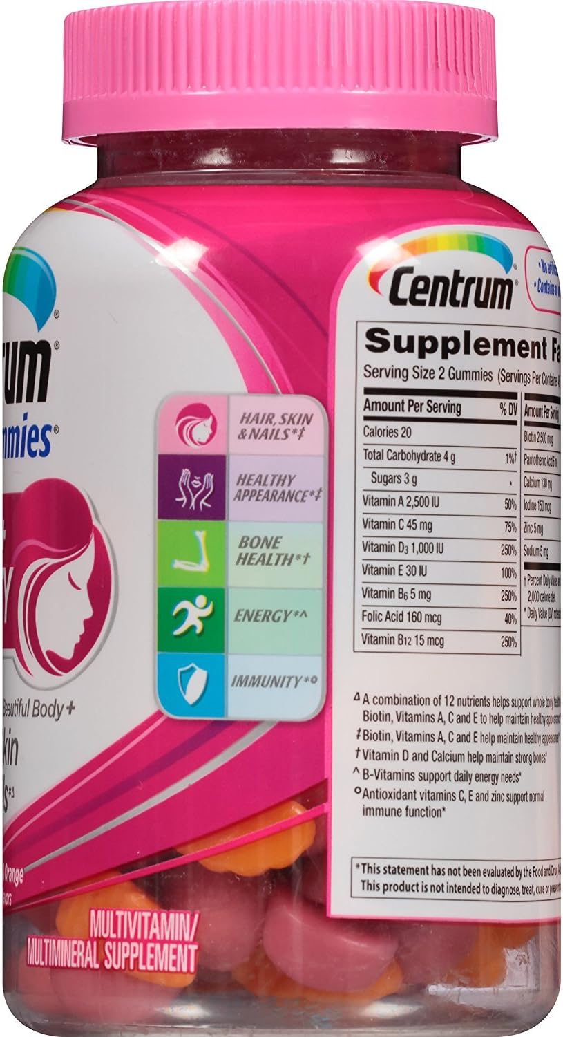 Centrum MultiGummies + Belleza Multivitamínico para Mujeres, Gomitas para Piel, Cabello y Uñas con Antioxidantes, Vitaminas D3 y B, Sabores Cereza/Baya/Naranja - 90 unidades