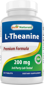 Best Naturals L-Teanina 200mg por Tableta (400mg por 2 Tabletas) - Promueve la Relajación Sin Somnolencia - 120 Tabletas Vegetarianas