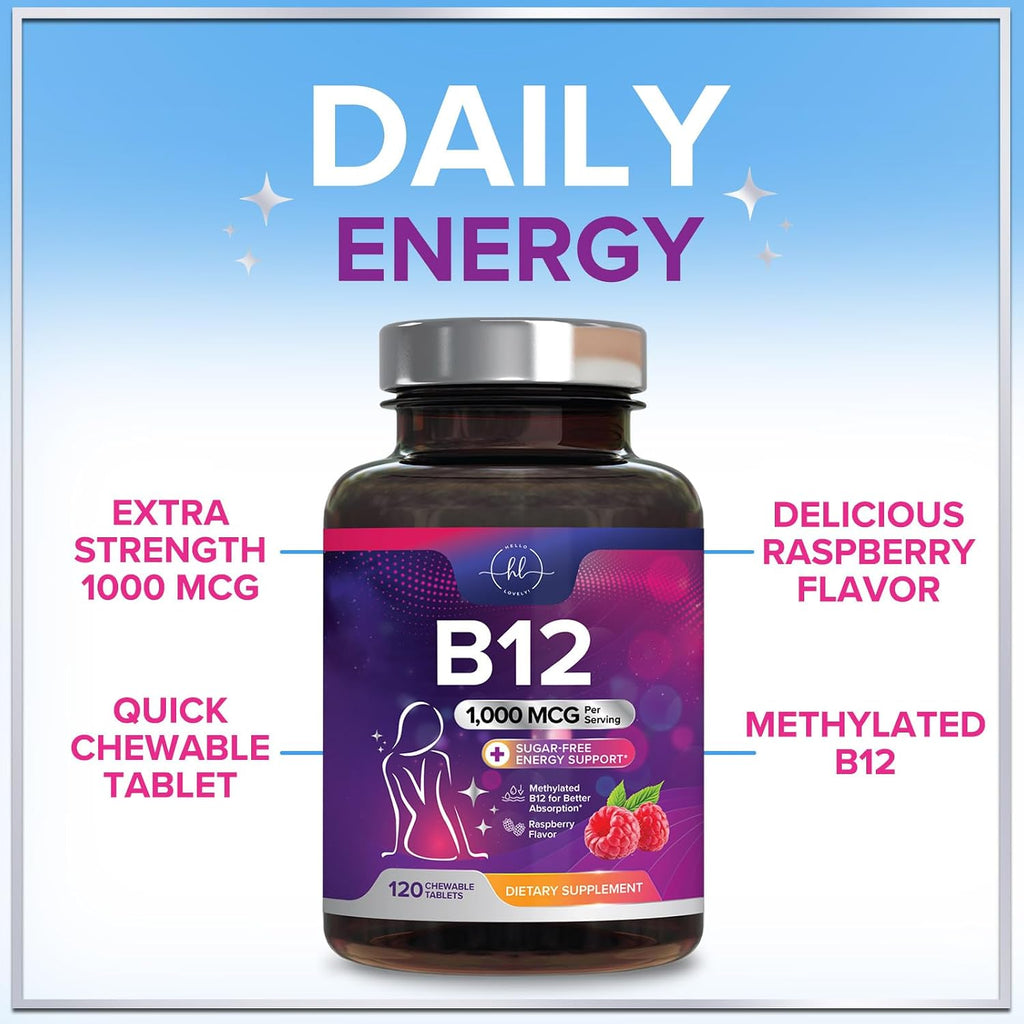 Hello Lovely! Vitamina B12 1000 mcg Masticable - Metilcobalamina, 120 Comprimidos
