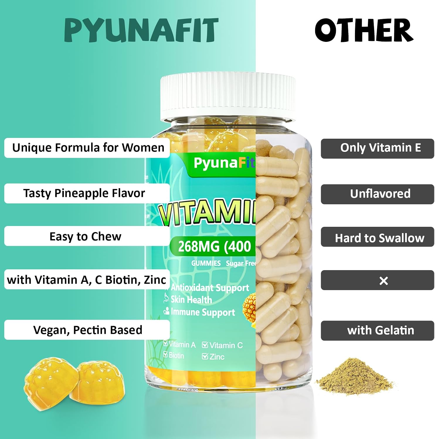 PYUNAFIT Vitamina E 400 UI Gomitas para Mujer con Vitamina A, C, Biotina y Zinc - 60 Gomitas