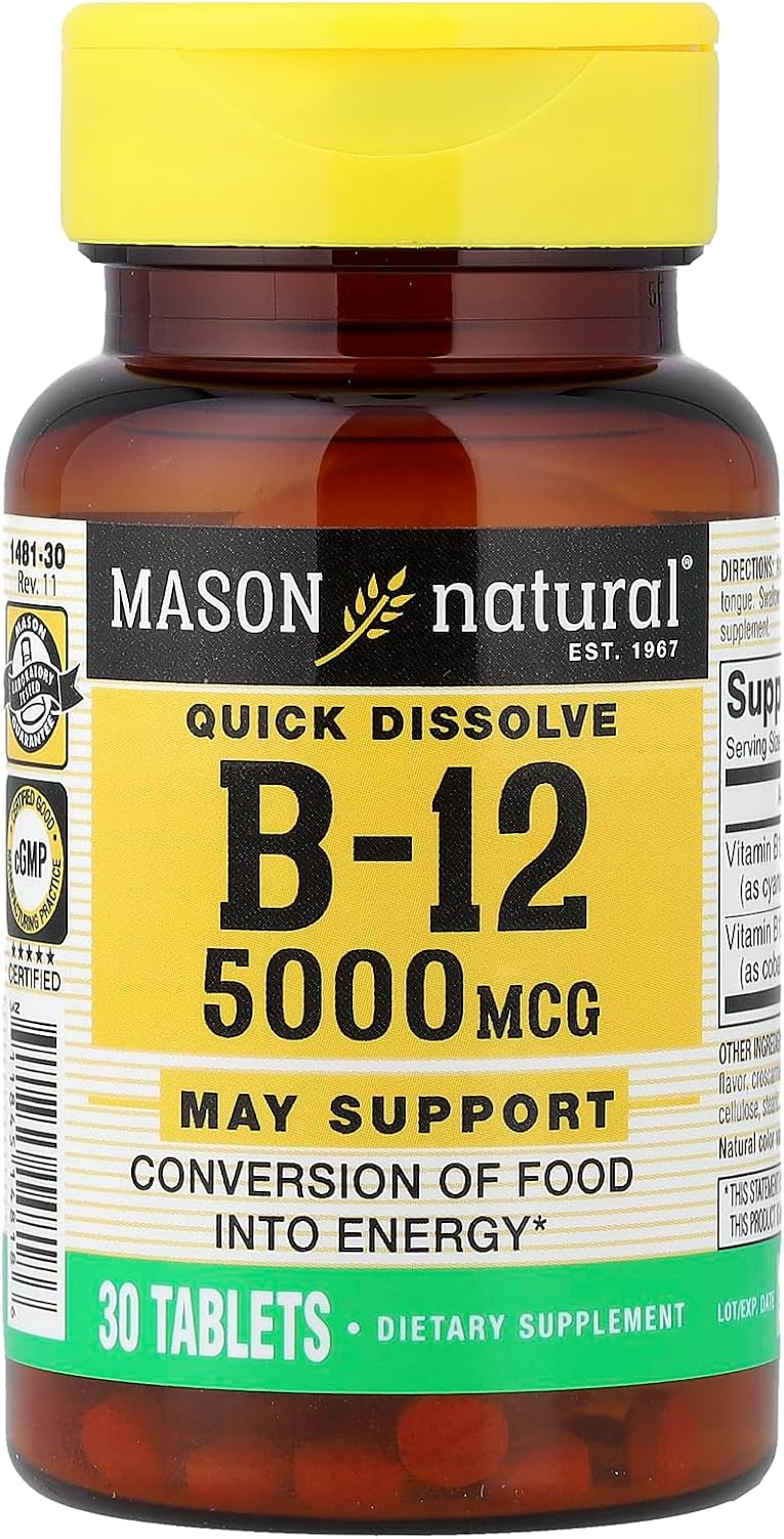 MASON NATURAL Vitamina B12 5.000 mcg – Comprimidos de Disolución Rápida, 30 Comprimidos