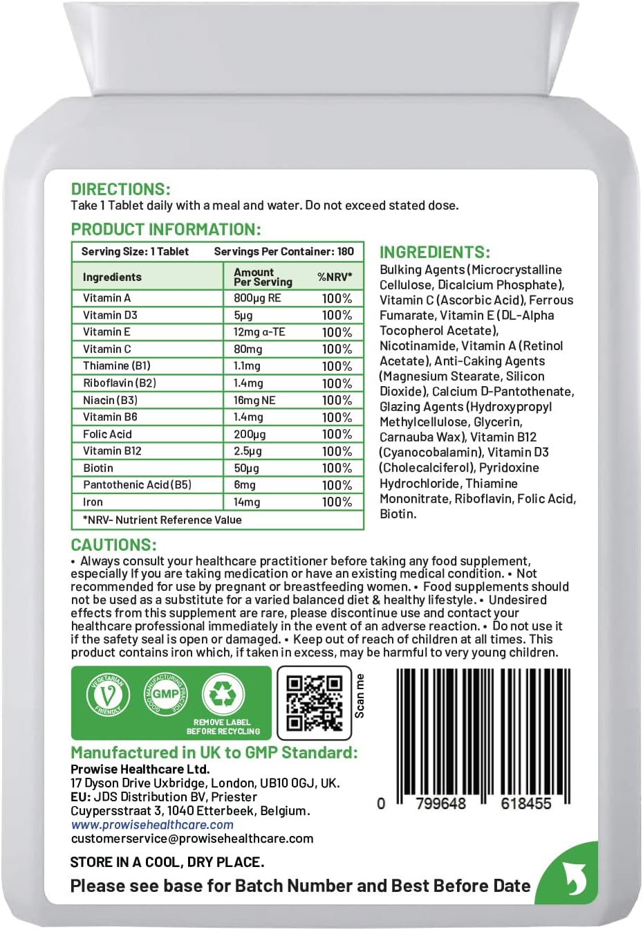 Multivitamínico con Hierro de Prowise Healthcare – 180 Comprimidos (6 Meses de Suministro)