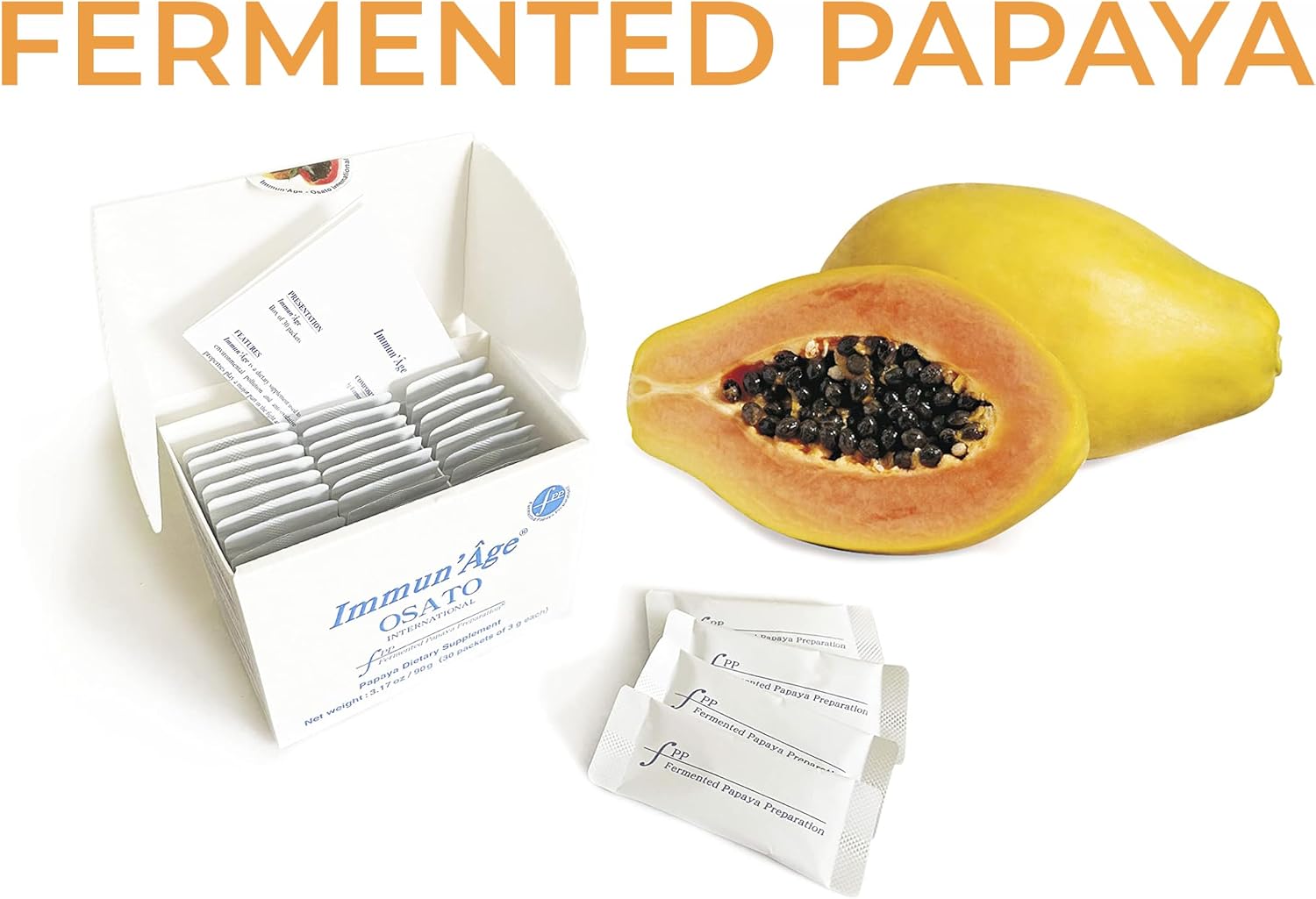 IMMUN'ÂGE Suministro para 3 Meses - Polvo de Papaya Fermentada Japonesa - 3 Cajas (90 Sobres de 3g)
