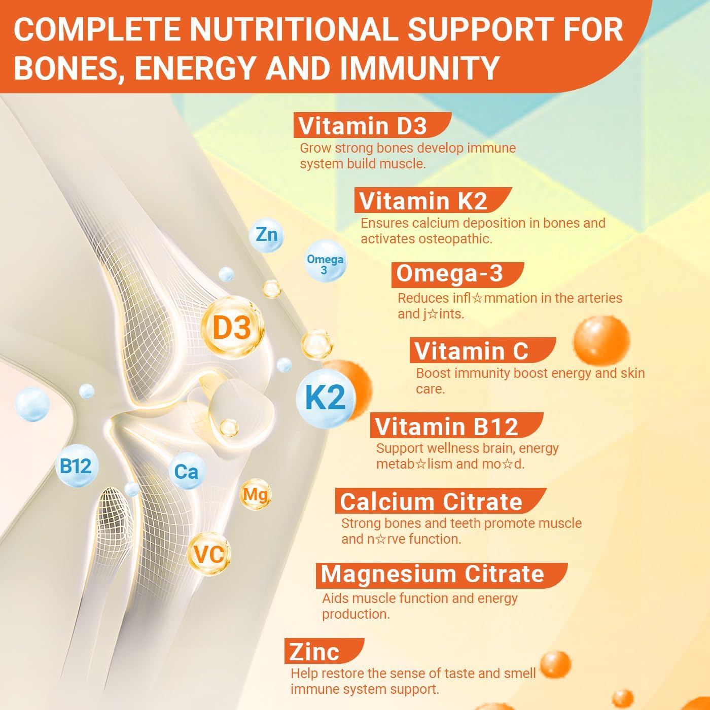 Wiszeen Vitamin D3 K2 Gummies, Sin Azúcar, con Omega 3, Calcio y Magnesio