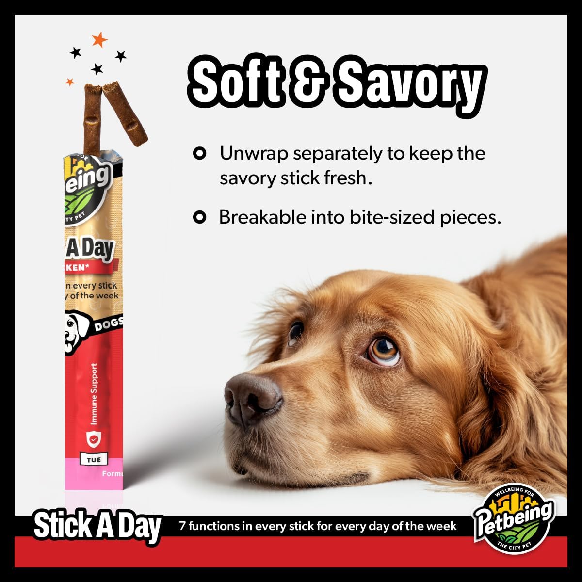 PETBEING Stick a Day para Perros - Snacks Diarios con Sabor a Pollo Real y Apoyo 7 en 1 - 28 unidades