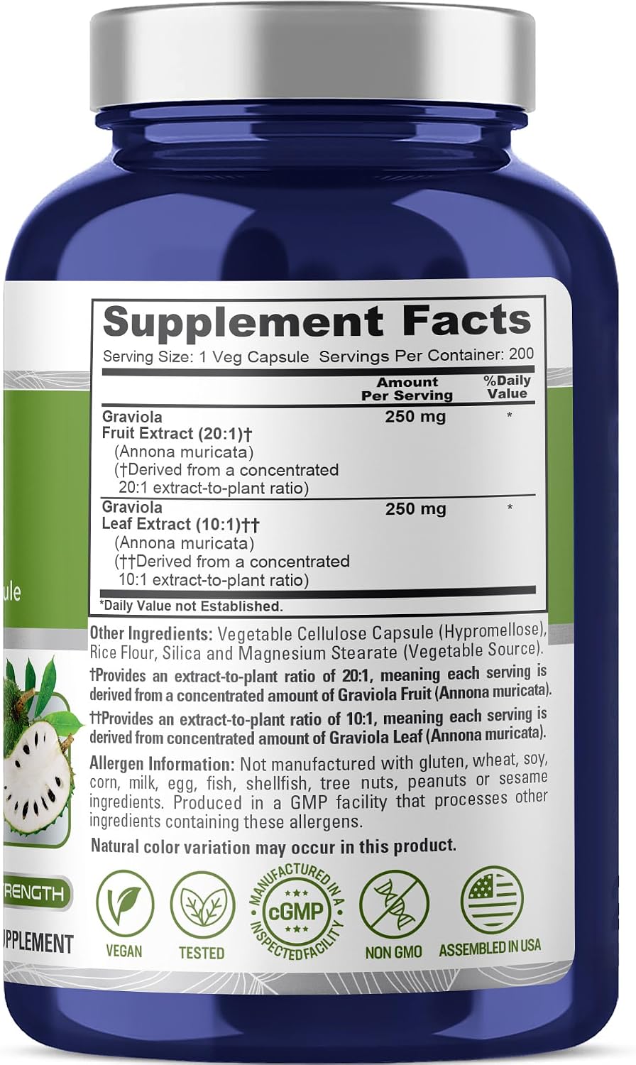 NusaPure Graviola Cápsulas, 500 mg, 200 Cápsulas Veganas (No Transgénicas, Vegano)