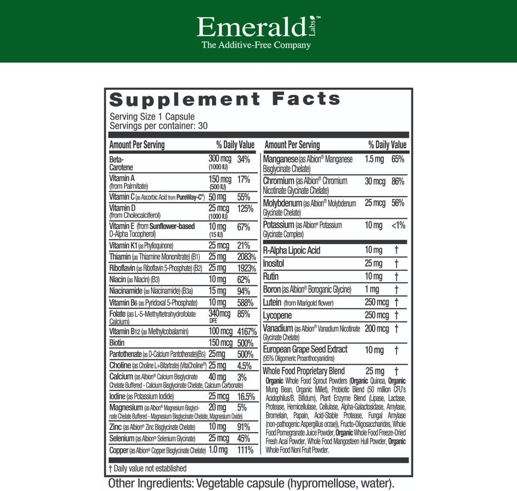 EMERALD LABS Complete 1-Daily Multi - Multivitamínico completo para hombres y mujeres con vitamina C, folato metilado y mezcla de alimentos integrales - 30 cápsulas vegetales