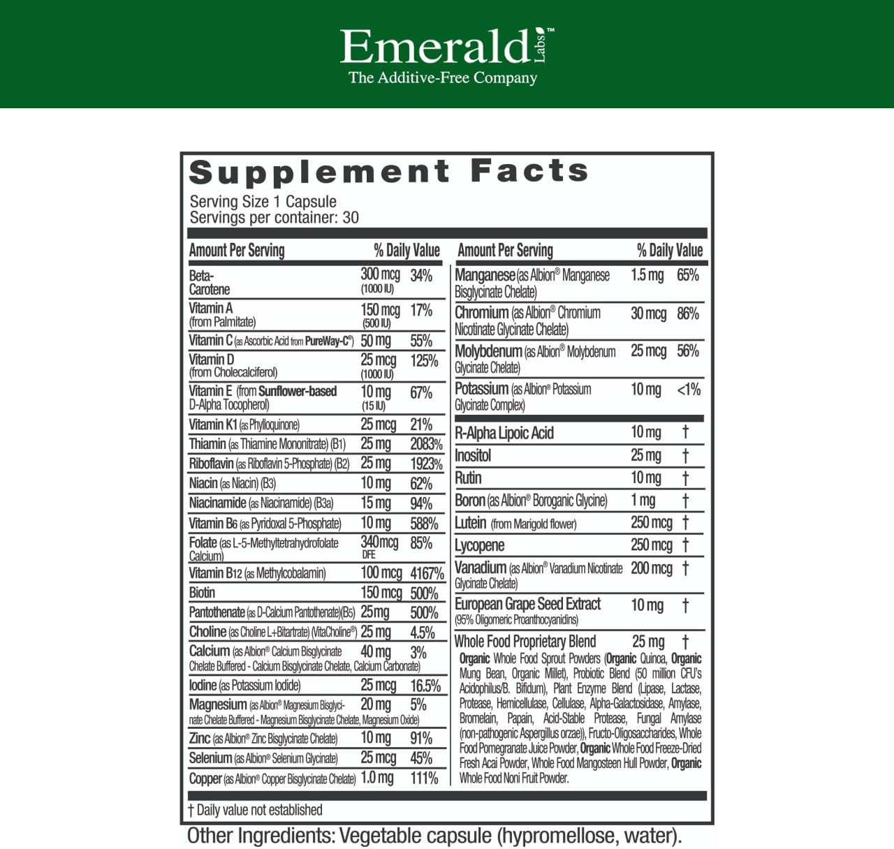 EMERALD LABS Complete 1-Daily Multi - Multivitamínico completo para hombres y mujeres con vitamina C, folato metilado y mezcla de alimentos integrales - 30 cápsulas vegetales