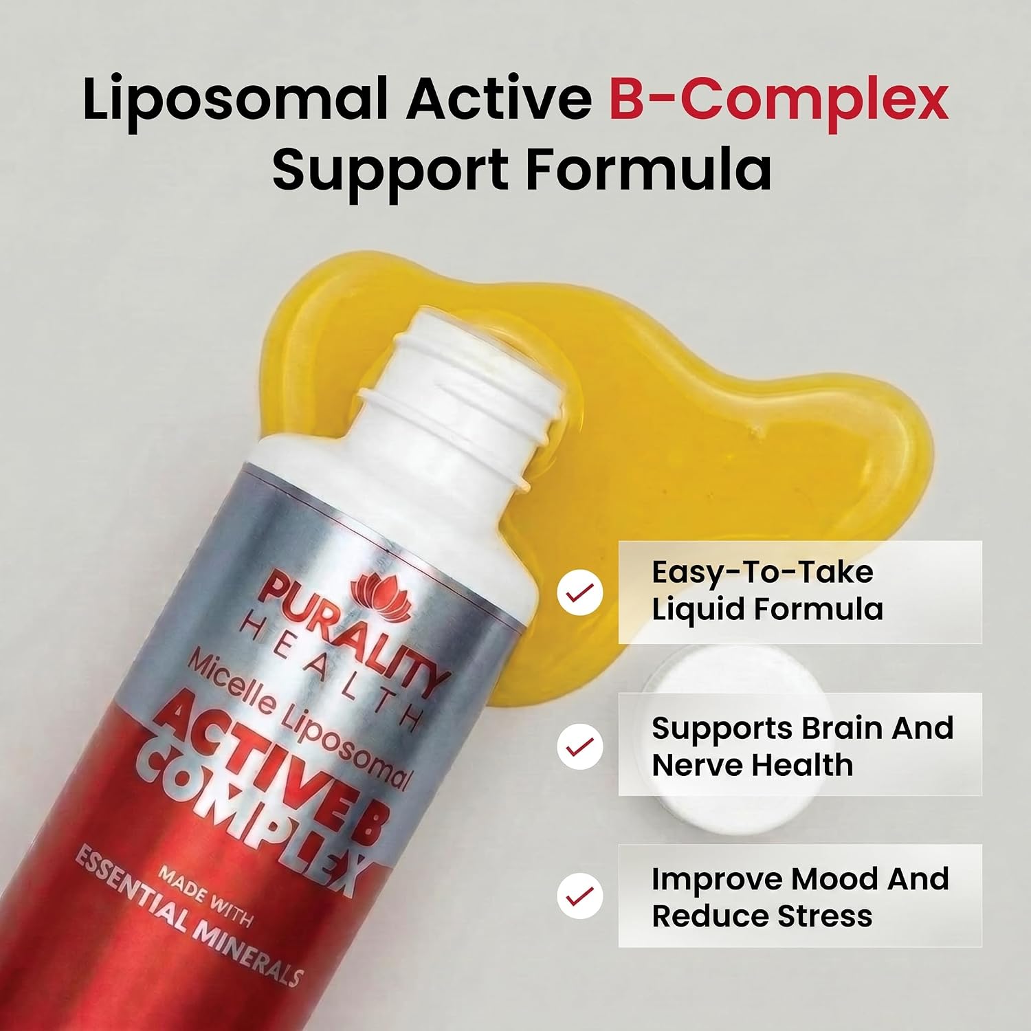 Complejo B Líquido con Absorción Liposomal - Purality Health - Vitaminas B1, B2, B3, B5, B6, B7, B9, B12 + Minerales Esenciales - 15 Días