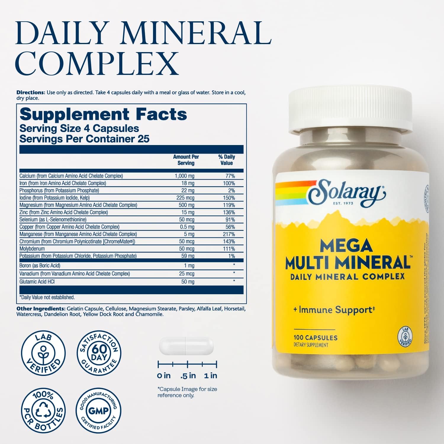 Solaray Mega Multi Mineral - Complejo Multimineral 12 Minerales, 100 Cápsulas