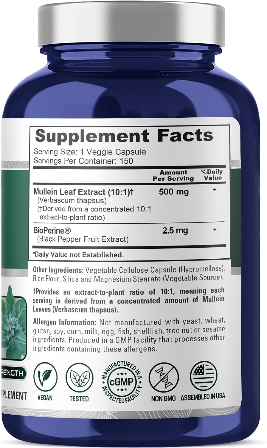 NusaPure Cápsulas de Hoja de Gordolobo, 500 mg, 150 Cápsulas Vegetales (No OGM, Vegano)