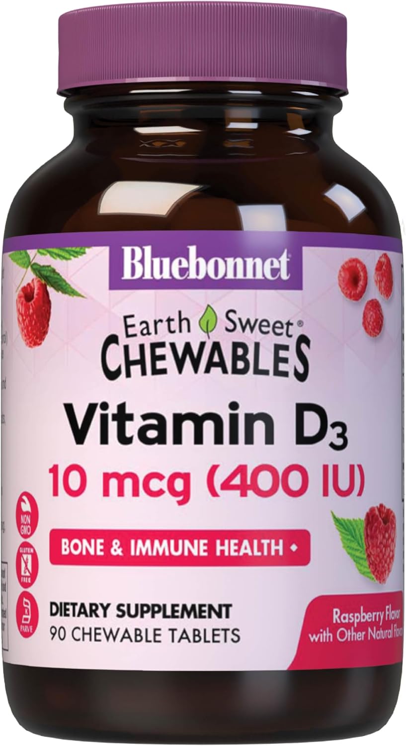 BlueBonnet EarthSweet Vitamin D3 400 IU – Comprimidos Masticables Sabor Frambuesa – 90 Comprimidos