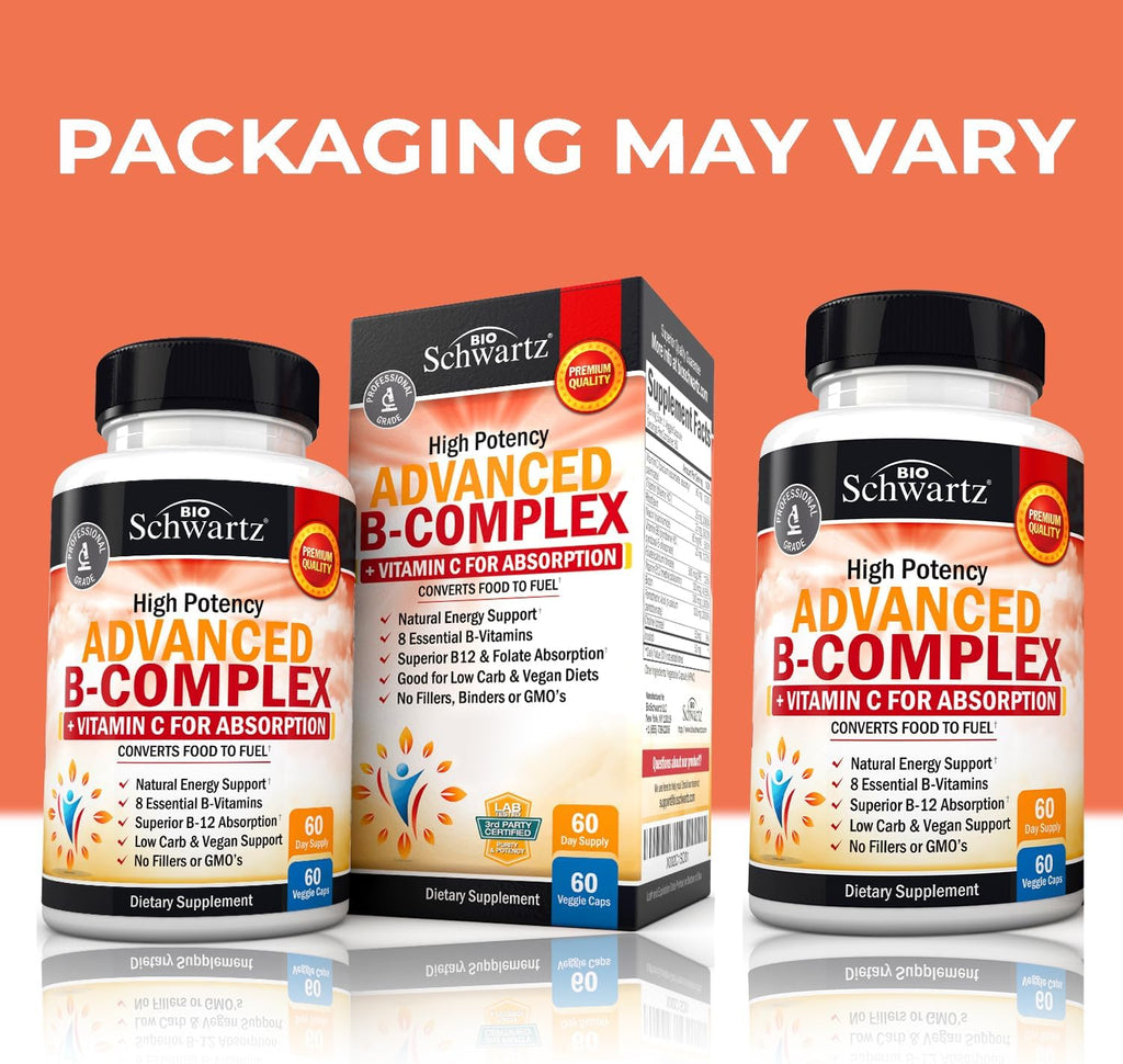 Complejo de Vitaminas B con Vitamina C - con Metilcobalamina B12 y Folato - Suplemento B1 B2 B3 B5 B6 B7 B9 - 60 Cápsulas