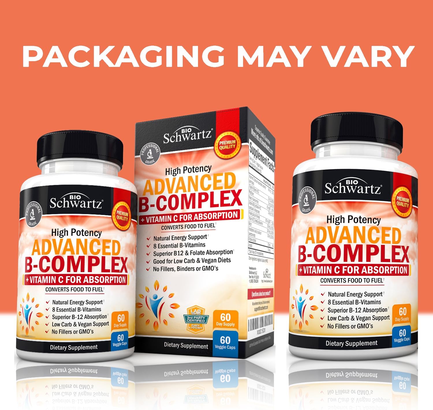 Complejo de Vitaminas B con Vitamina C - con Metilcobalamina B12 y Folato - Suplemento B1 B2 B3 B5 B6 B7 B9 - 60 Cápsulas
