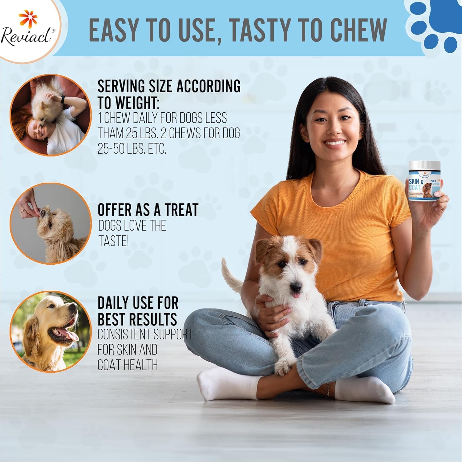 Reviact Complemento para Piel y Pelaje para Perros - Masticables de Aceite de Pescado Omega 3 con DHA, EPA y Biotina, 60 Unidades