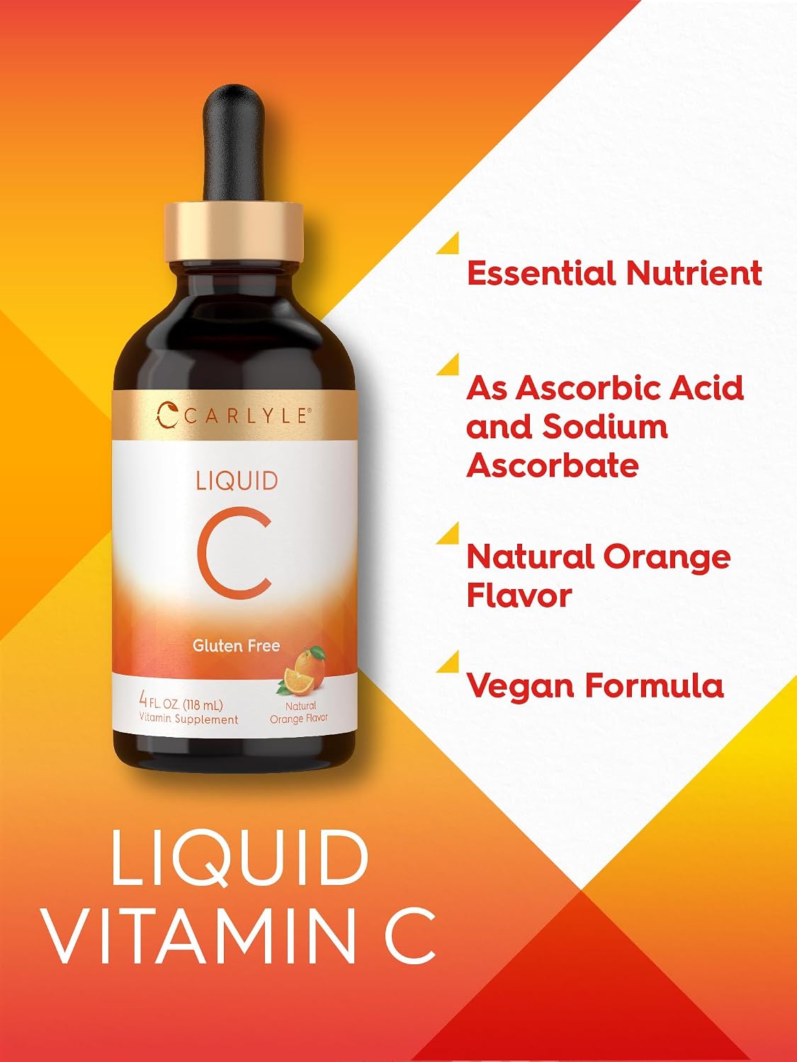 Carlyle Vitamina C Gotas Líquidas | 118 ml | Ácido Ascórbico y Ascorbato Sódico | Sabor Naranja | Vegano, Sin Gluten, Sin OMG