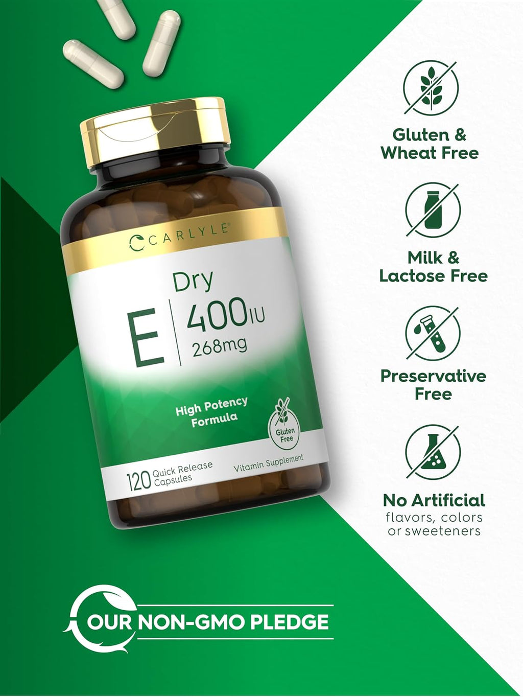 Carlyle Dry Vitamin E 400 UI | 120 Cápsulas | D-Alfa Tocoferilo | Fórmula de Alta Potencia | No-GMO y Sin Gluten