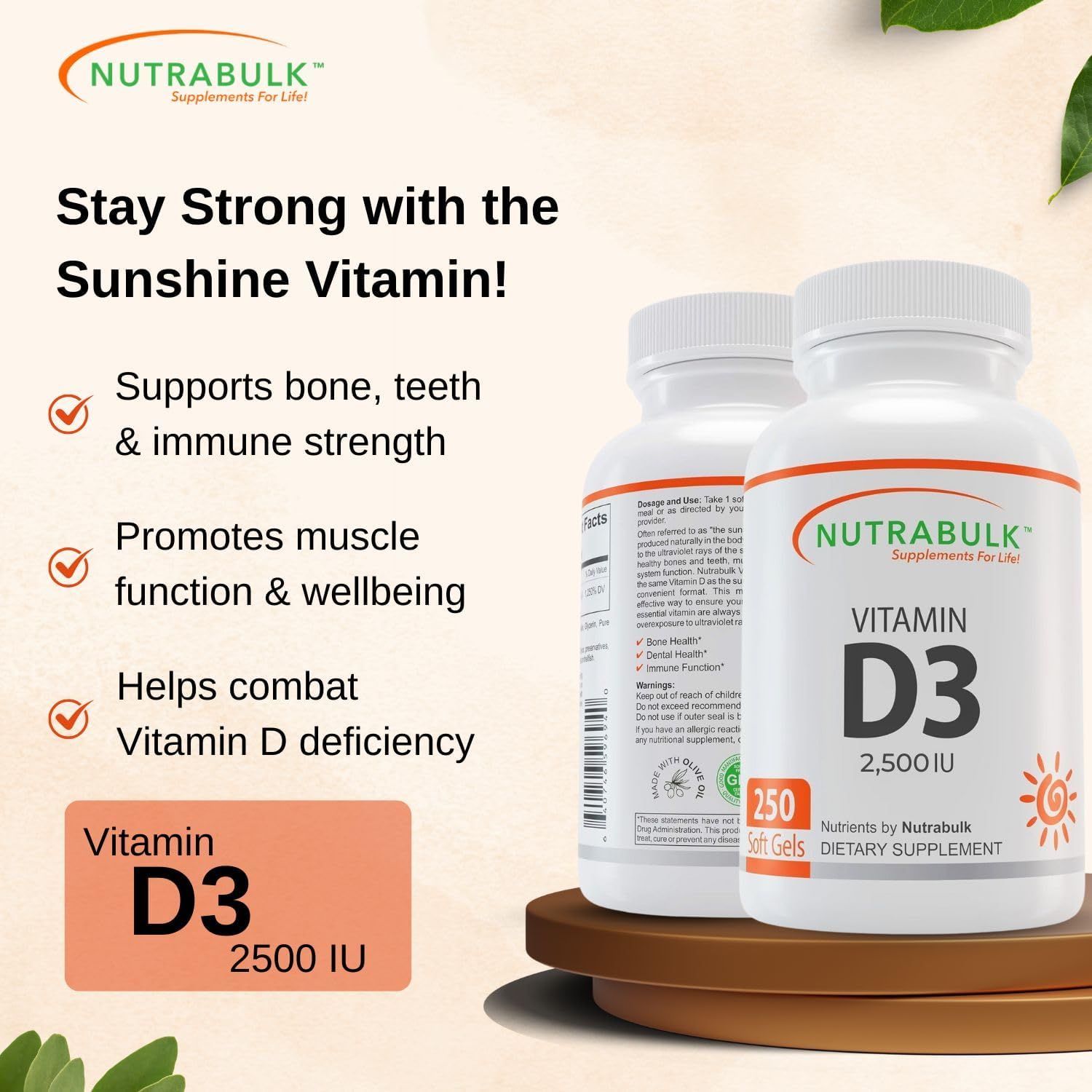 NutraBulk Vitamina D3 2500 UI - 250 Cápsulas Blandas - Alta Potencia - No-GMO, Sin Gluten, Hecho en EE.UU.