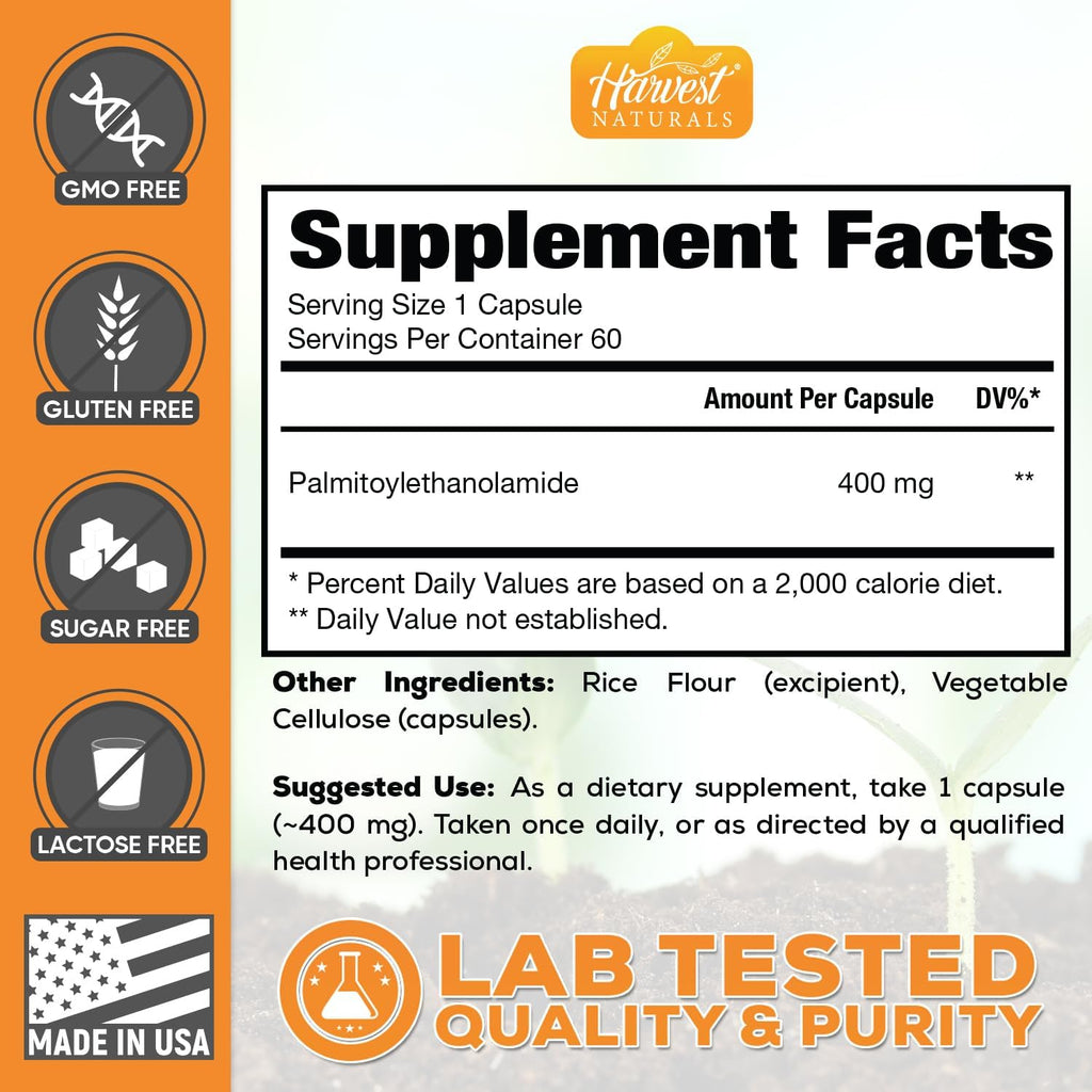 Harvest Naturals Palmitoylethanolamida (PEA) 400mg, 60 Cápsulas