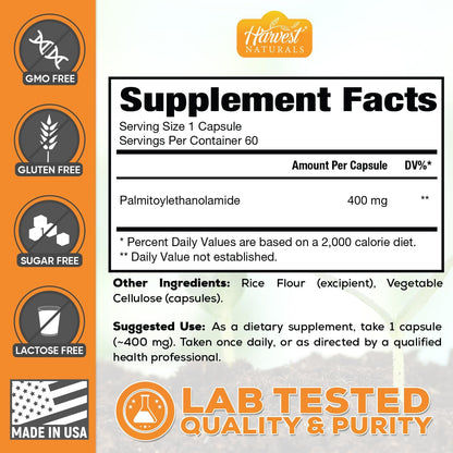 Harvest Naturals Palmitoylethanolamida (PEA) 400mg, 60 Cápsulas – Image 4