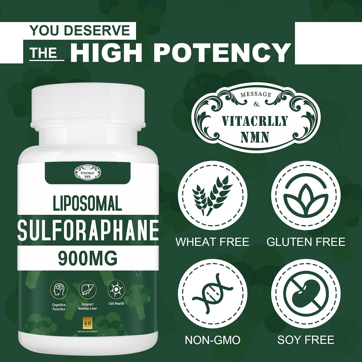 Suplemento de Sulforafano Liposomal 900mg, Extracto de Brócoli, Apoyo Antioxidante y Digestivo, 60 Cápsulas