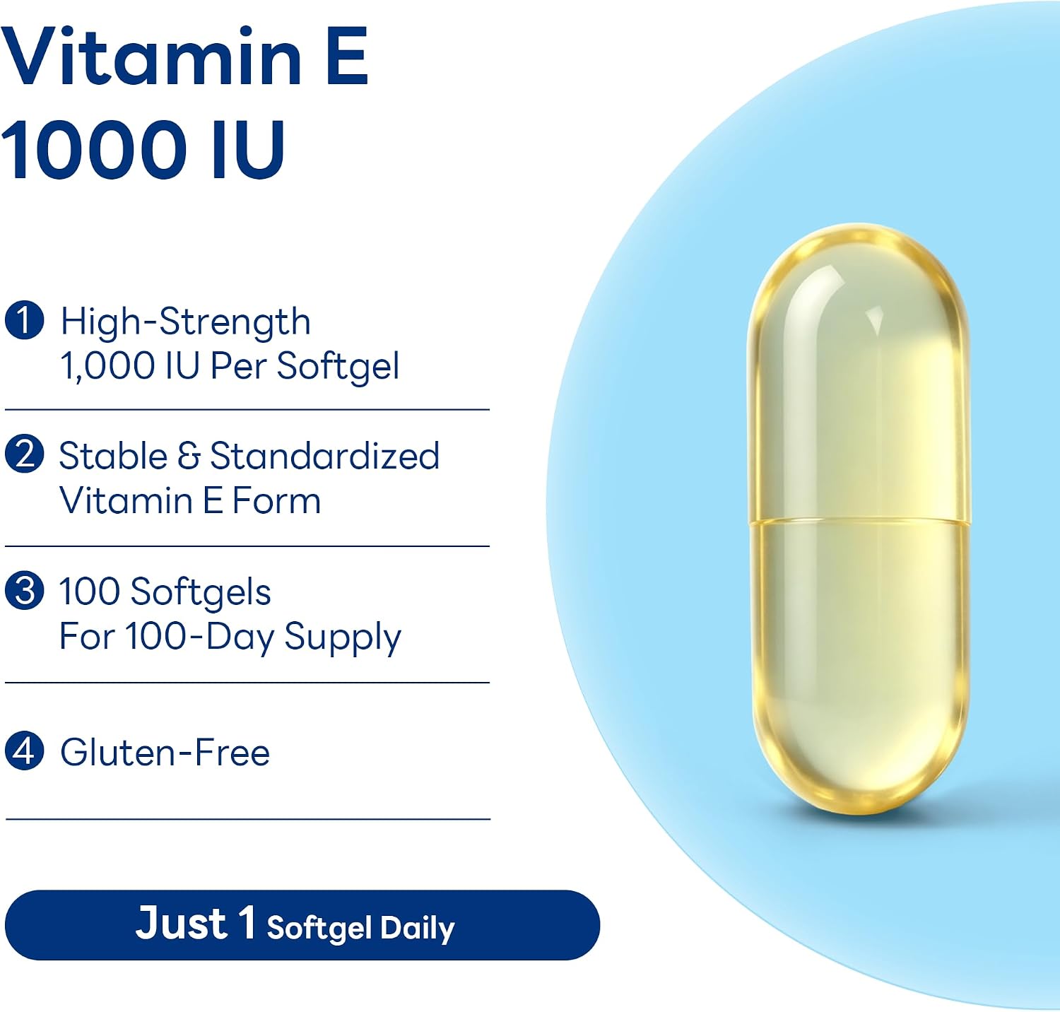 Vitamin World Vitamin E 1000 IU Softgels, 450mg dl-Alpha, 1 Softgel Daily, Supports Antioxidant Protection and Heart, Immune & Skin Health, Gluten-Free, 100 Servings