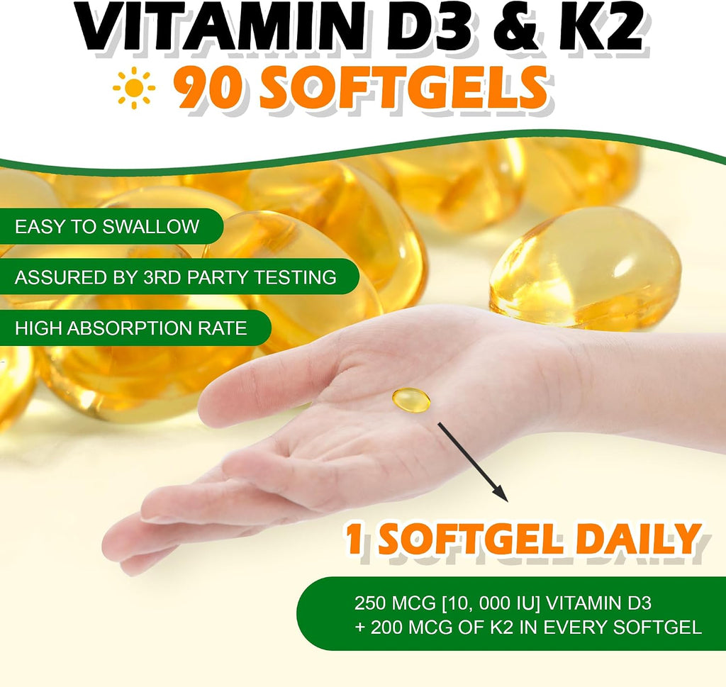 NoMiLu Vitamina D3 y K2 (10000 UI + 200 mcg) - 90 Cápsulas Blandas - 3 Meses de Suministro