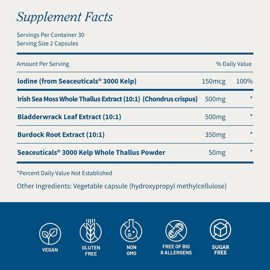 Snap Supplements Irish Sea Moss con Bladderwrack, Burdock Root y Yodo – 60 Cápsulas Veganas