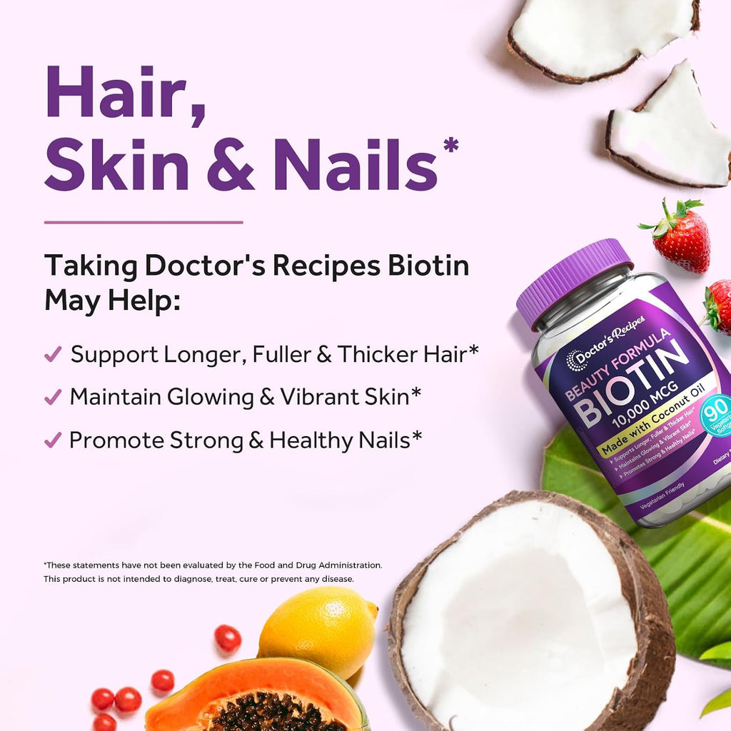 Doctor's Recipes Biotin 10,000 mcg con Aceite de Coco - Suplemento Vegetariano para Metabolismo Energético y Mantenimiento del Cabello (90 Softgels)