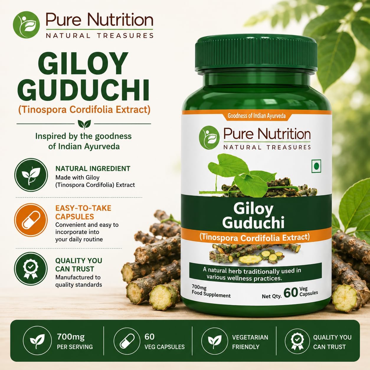 Pure Nutrition Giloy Guduchi Extract 700mg - 60 Cápsulas