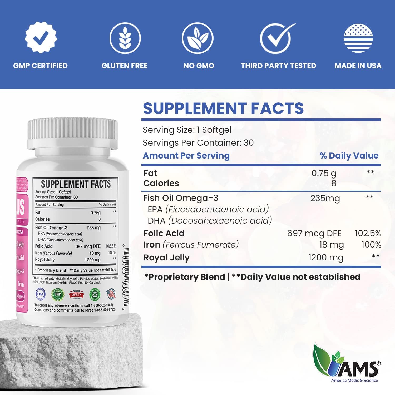 America Medic & Science Royal-Plus Vitaminas Prenatales con Jalea Real, Hierro, Omega-3 y Ácido Fólico - 30 Cápsulas Blandas