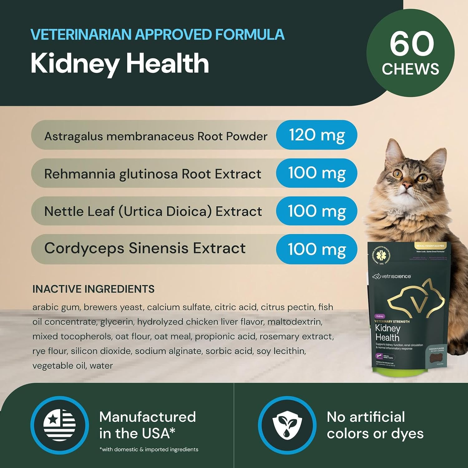 Vetriscience Veterinary Strength Kidney Health Chews – Apoyo renal equilibrado para mascotas – 60 masticables con sabor a hígado de pollo