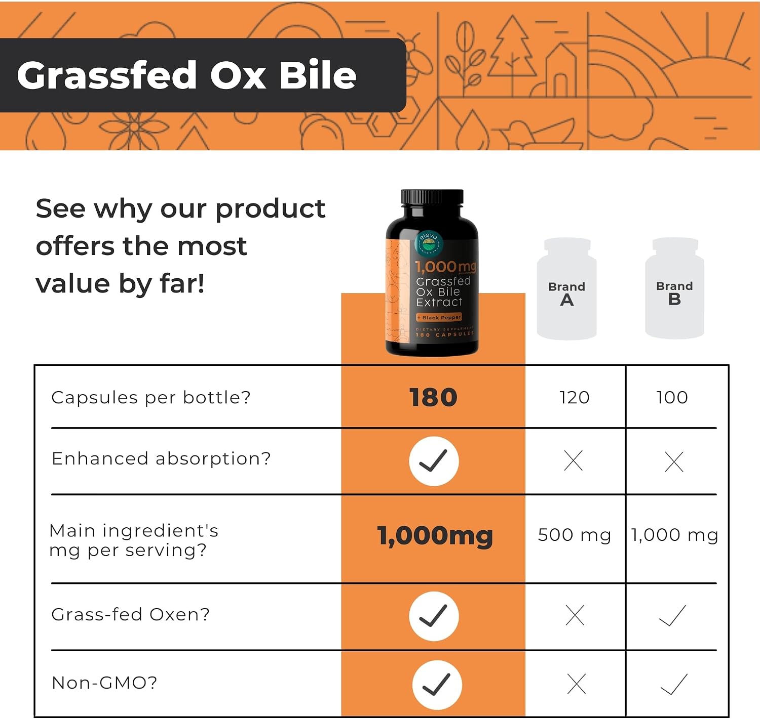 Eleva Nutrition Bilis de Buey 1000 mg – 180 Cápsulas – Apoyo Digestivo con Pimienta Negra