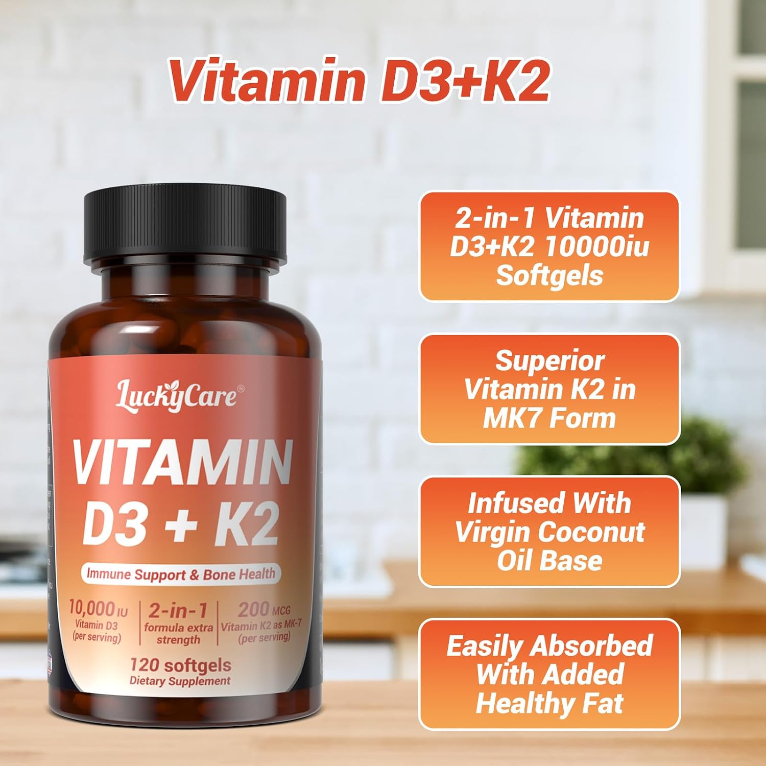 Vitamina D3 K2 10000 UI + K2 (MK-7) 200 mcg, 240 Cápsulas Blandas con Aceite de Coco