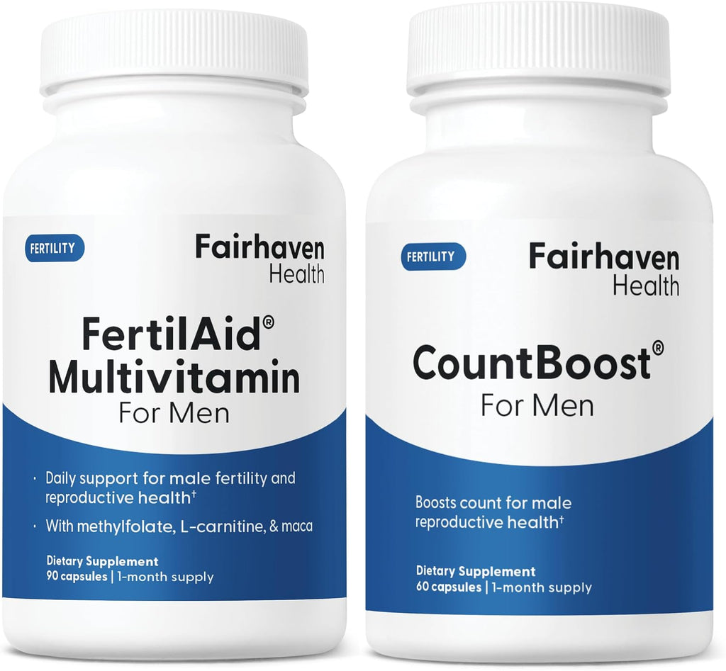 Fairhaven Health FertilAid para hombres y Countboost Combo | Suplemento de fertilidad masculina prenatal | Apoyo a la cantidad y motilidad pre-concepción para él | Incluye L-carnitina, zinc, folato