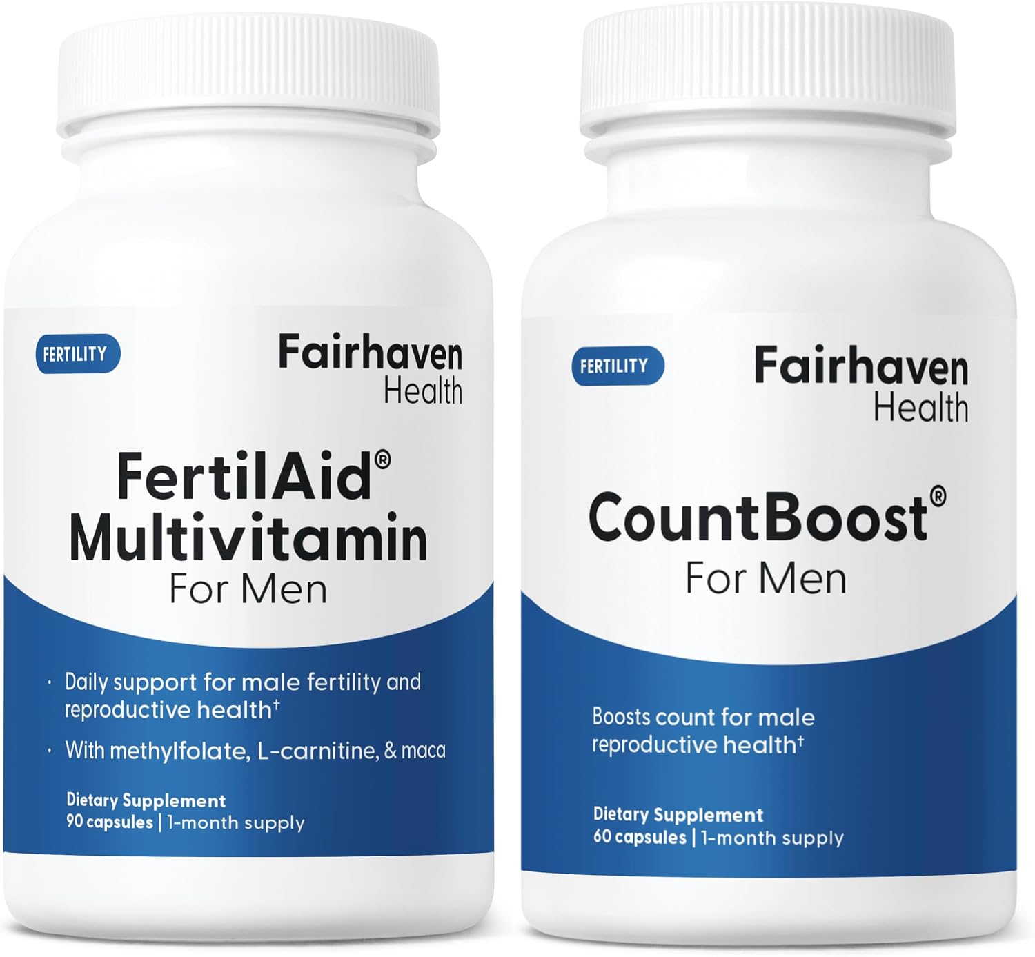 Fairhaven Health FertilAid para hombres y Countboost Combo | Suplemento de fertilidad masculina prenatal | Apoyo a la cantidad y motilidad pre-concepción para él | Incluye L-carnitina, zinc, folato