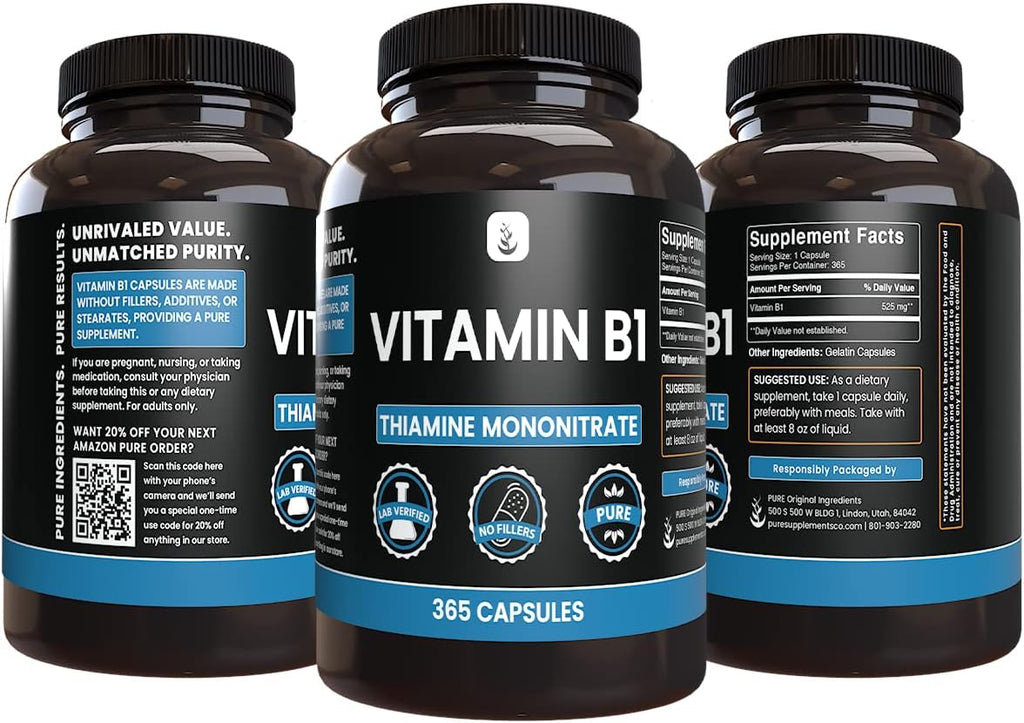 PURE ORIGINAL INGREDIENTS Vitamina B1 (Tiamina Mononitrato) 365 Cápsulas