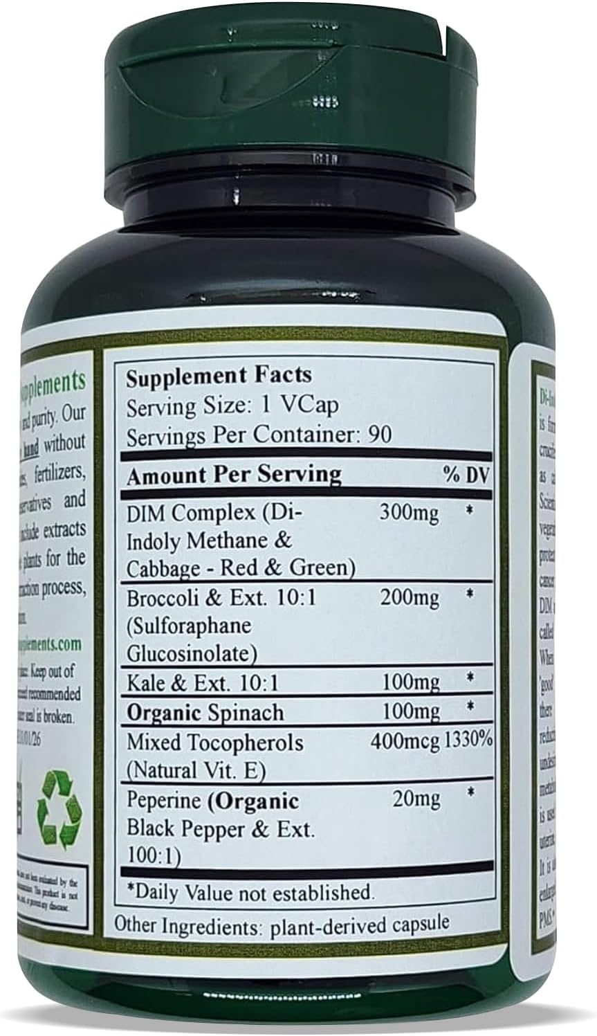 Green Organic Supplements DIM, Diindolilmetano, I-3-C, Indol-3-Carbinol, Brócoli, 90 VCaps, Alta Absorción, No-GMO, Sin Gluten (Pack de 3)