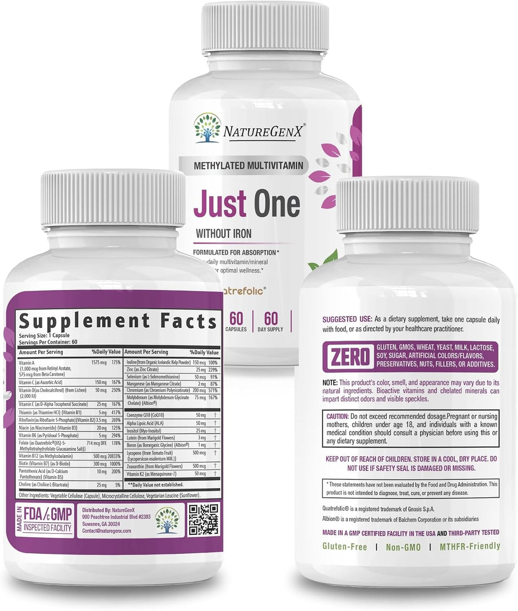NatureGenX Just One Daily Methylated Multivitamin – Iron-Free – 60 Cápsulas (2 Meses)