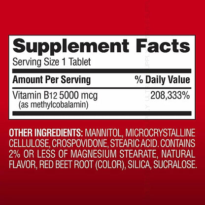 Members Mark Vitamina B12 5000 mcg – 300 Comprimidos Sublinguales de Disolución Rápida con Metilcobalamina (Sabor Cereza)