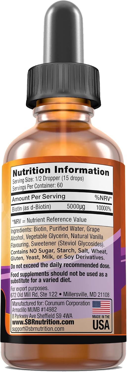 SBR Nutrition Gotas Líquidas de Biotina, 5000mcg por Dosis (60 Dosis) 30ml - Vainilla