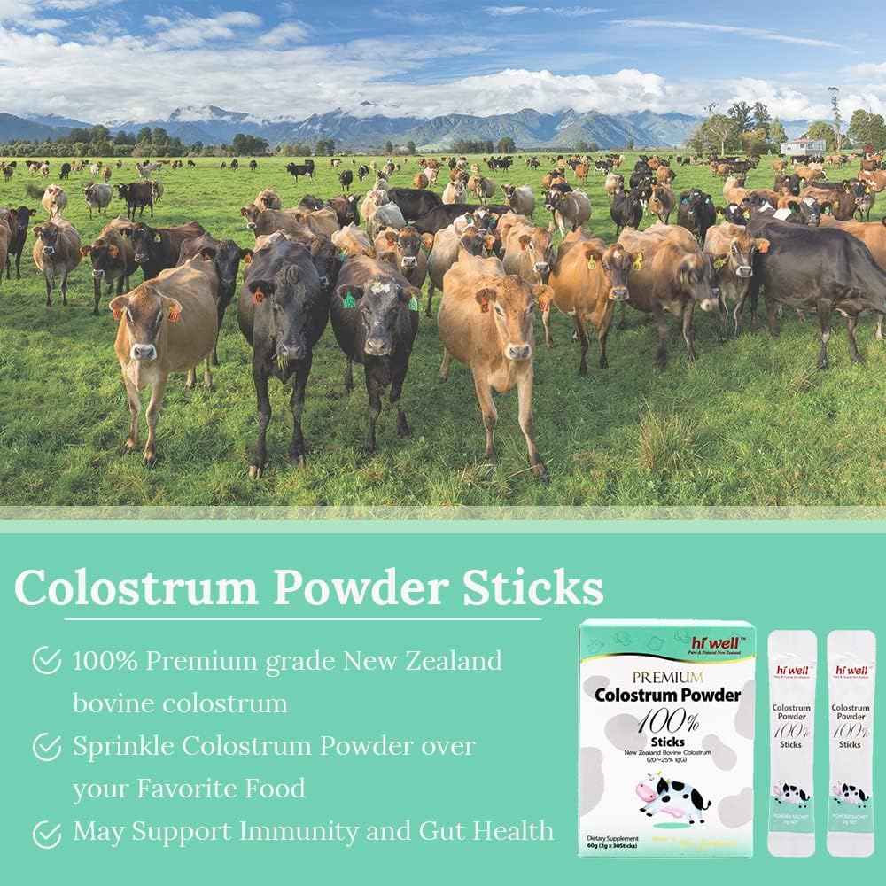 Hi Well Polvo de Colostro Bovino Premium Grass-Fed 100% - 60g (30 sticks)