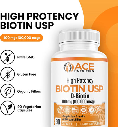 Ace Nutrition Biotina USP Alta Potencia 100mg (100.000mcg) - 3 Envases – Image 2