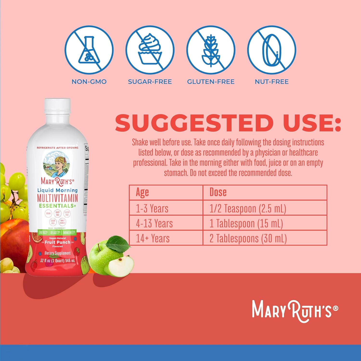 MaryRuth's Liquid Morning Multivitamin Essentials+ - Multivitamínico Líquido para Adultos y Niños - 946 ml