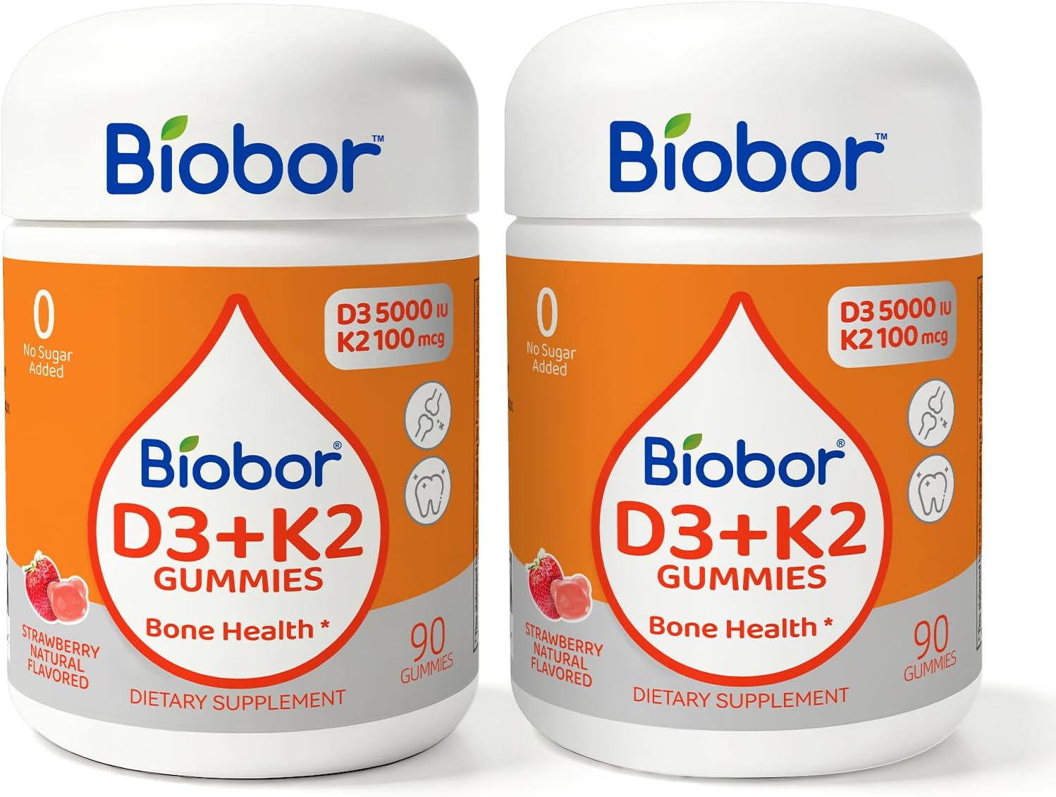 Biobor Natural Vitamin D3 K2 Gummies, 5000 UI D3 + 100 mcg K2 (MK-7), 90 Gominolas