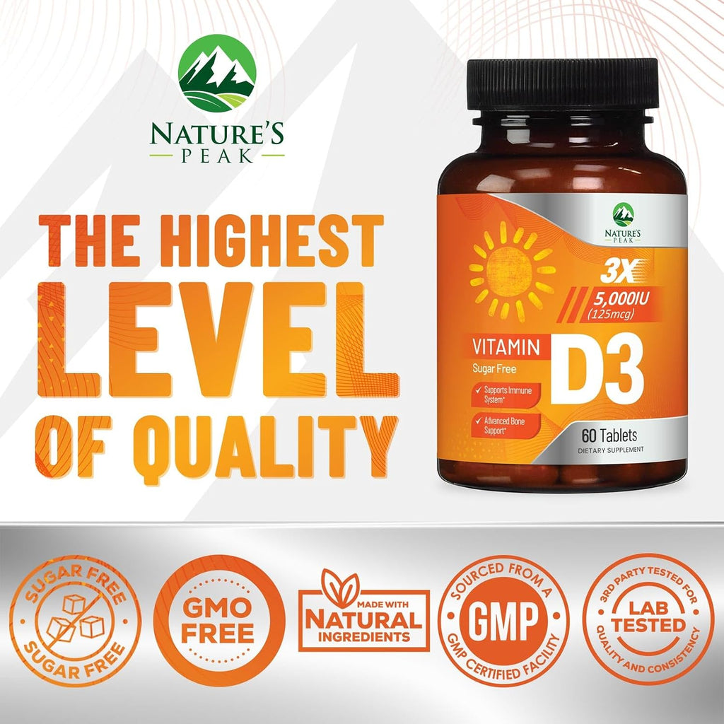 Vitamina D3 5000 IU (125 mcg) por Dosis - Triple Concentración - Apoyo Inmunológico - Vegano, Sin Gluten - Sabor Frambuesa - 60 Comprimidos Masticables